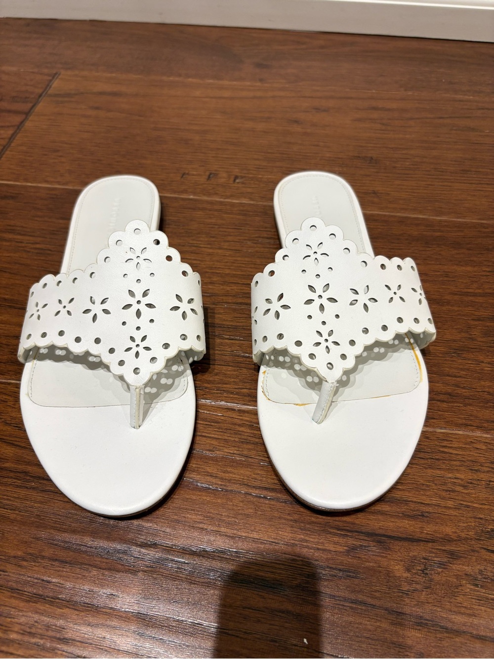 Veronica Beard White Laser-Cut Scalloped Thong Sandals